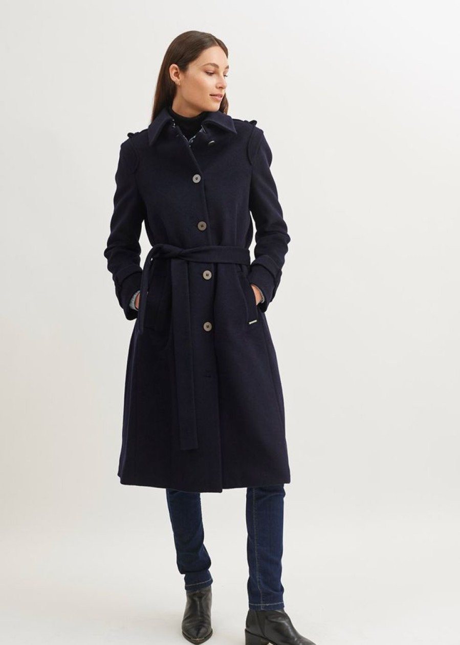 Dames Kleding Saint James | Saint James Navy Blue Felted Wool Long Coat